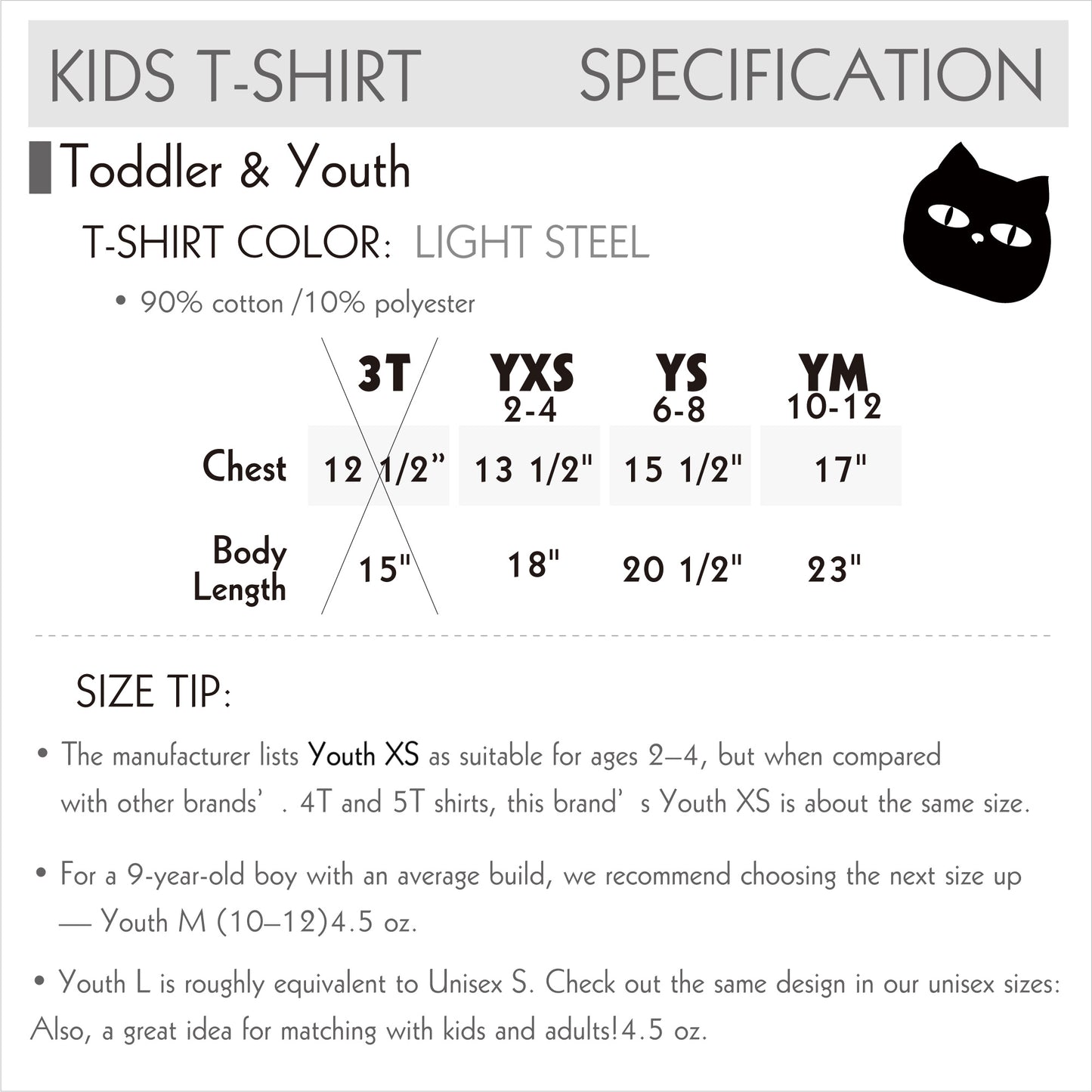 Youth T-shirt size chart