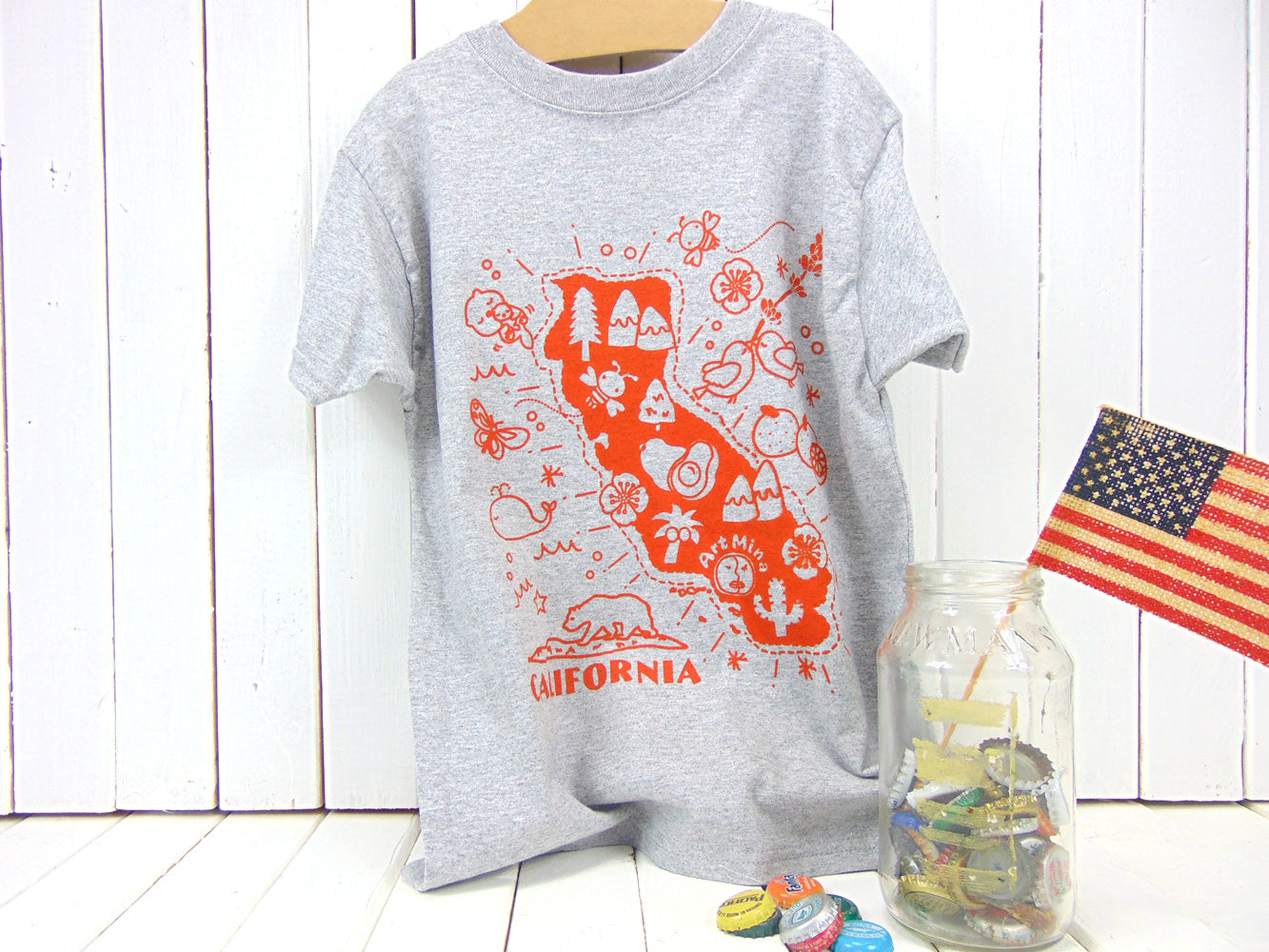 Youth Kids Tee "Kawaii! California Map" Light Steel