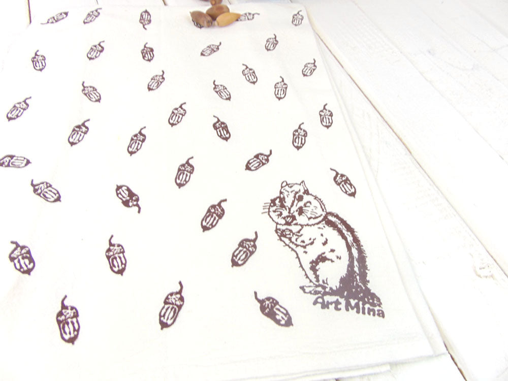 Flour Sack Kitchen Tea Towel - Cheeky Chipmunk & Acorns