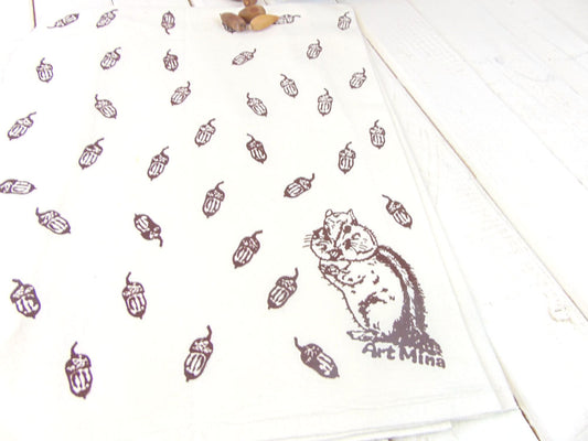 Flour Sack Kitchen Tea Towel - Cheeky Chipmunk & Acorns