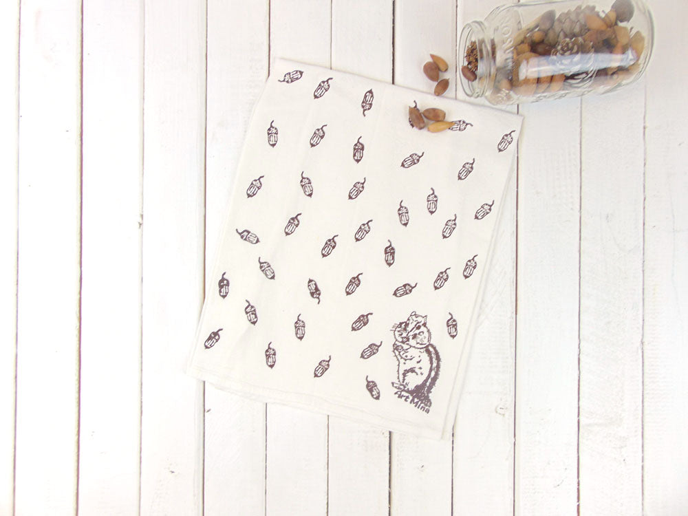 Flour Sack Kitchen Tea Towel - Cheeky Chipmunk & Acorns