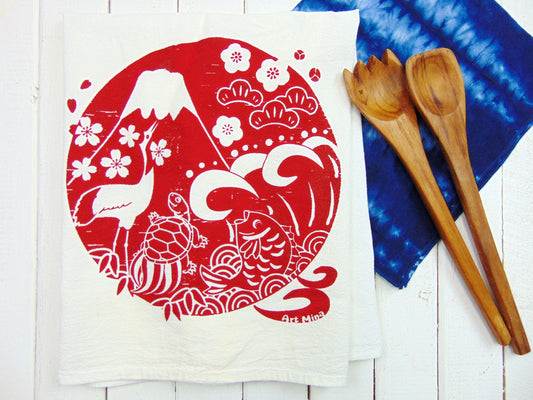 Tea Towel  "Japanese Good Luck Charms"