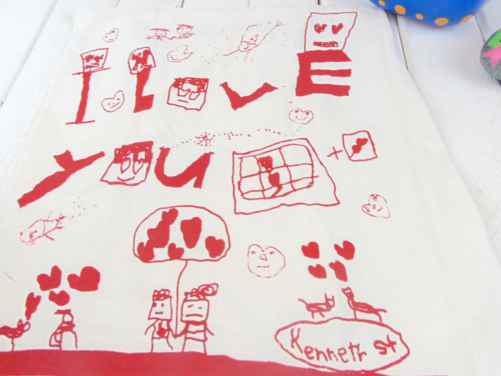 Flour Sack Kitchen Tea Towel "I love you" - Kids Drawing