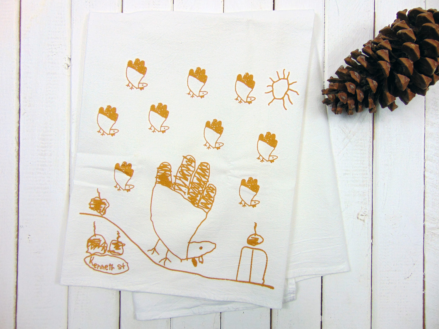 Flour Sack Kitchen Tea Towel - Kids Drawing Thanksgiving Turkey