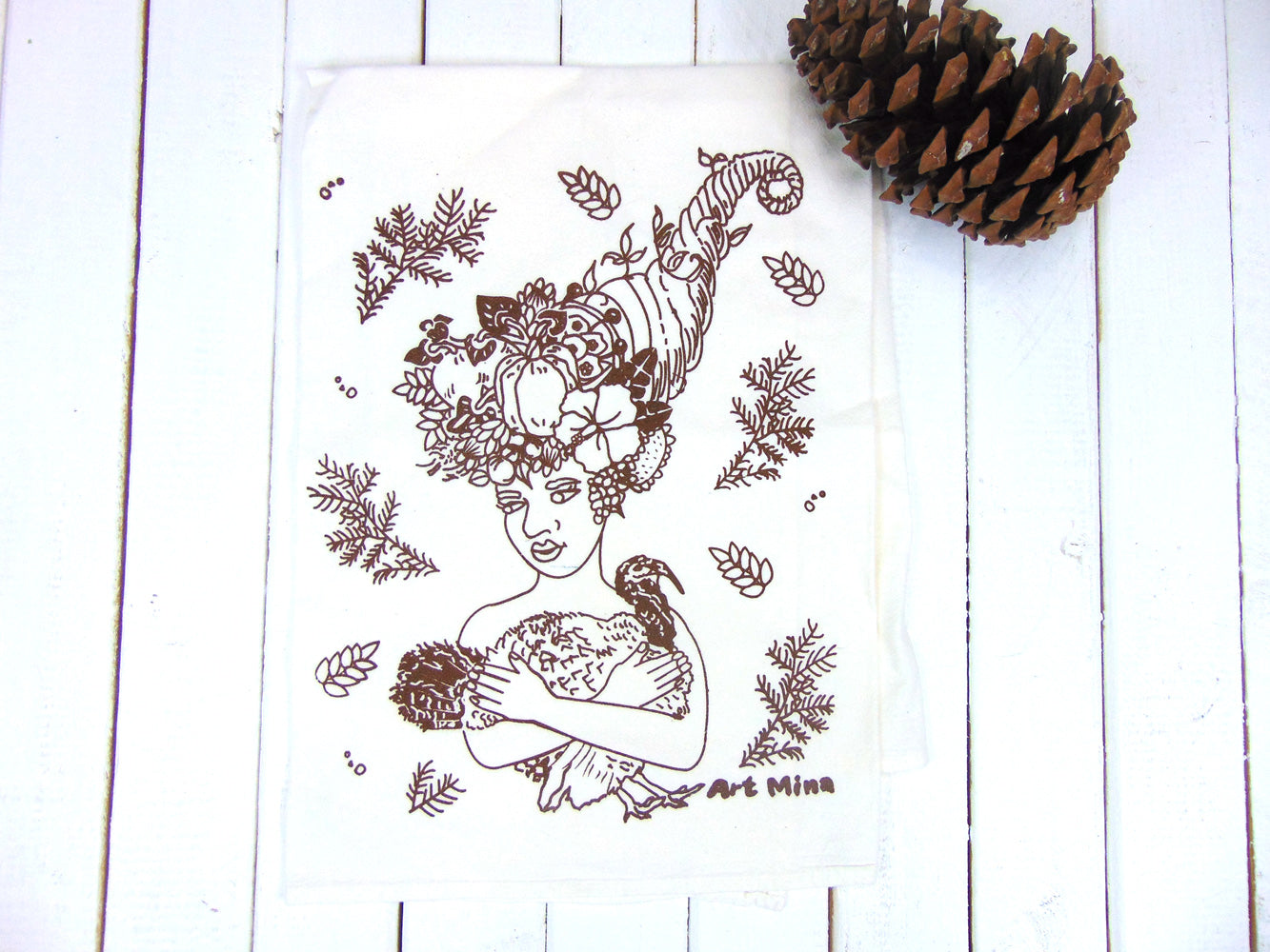 Art Mina  Flour Sack Kitchen Tea Towel  "Thanksgiving Cornucopia and Turkey"