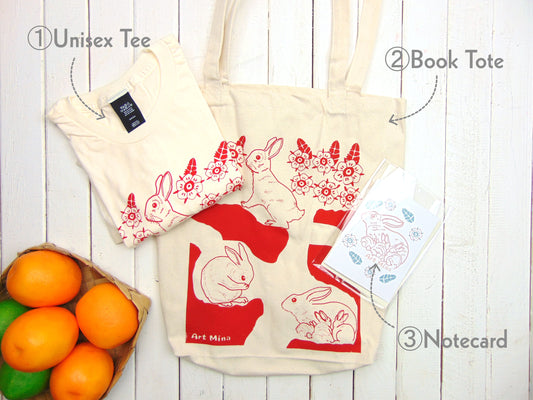 Rabbit Gift Set - Hand Screen printed Tee & Tote Bag