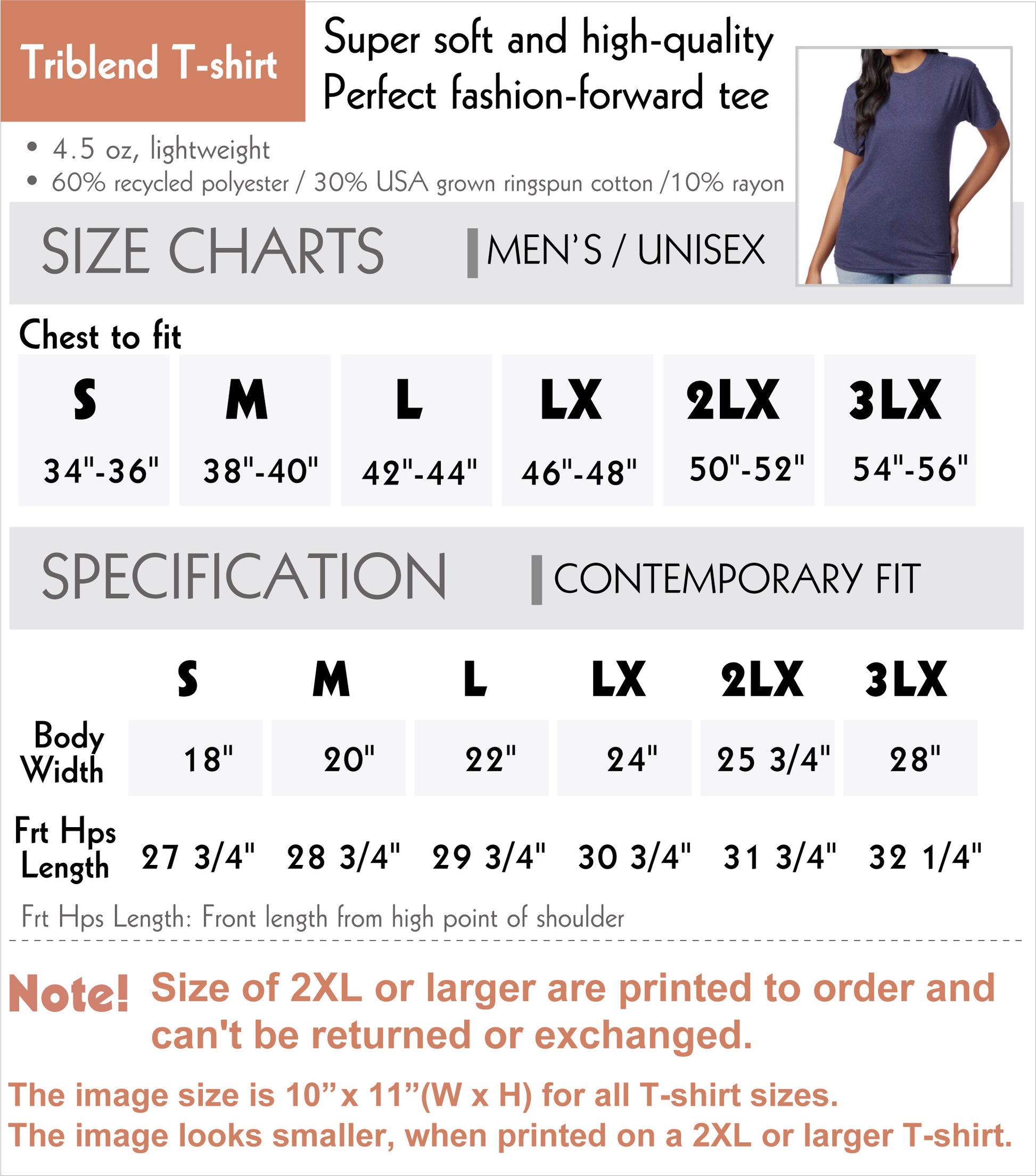 unisex triblend size chart