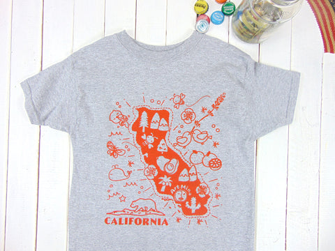 Youth Kids Tee "Kawaii! California Map" Light Steel