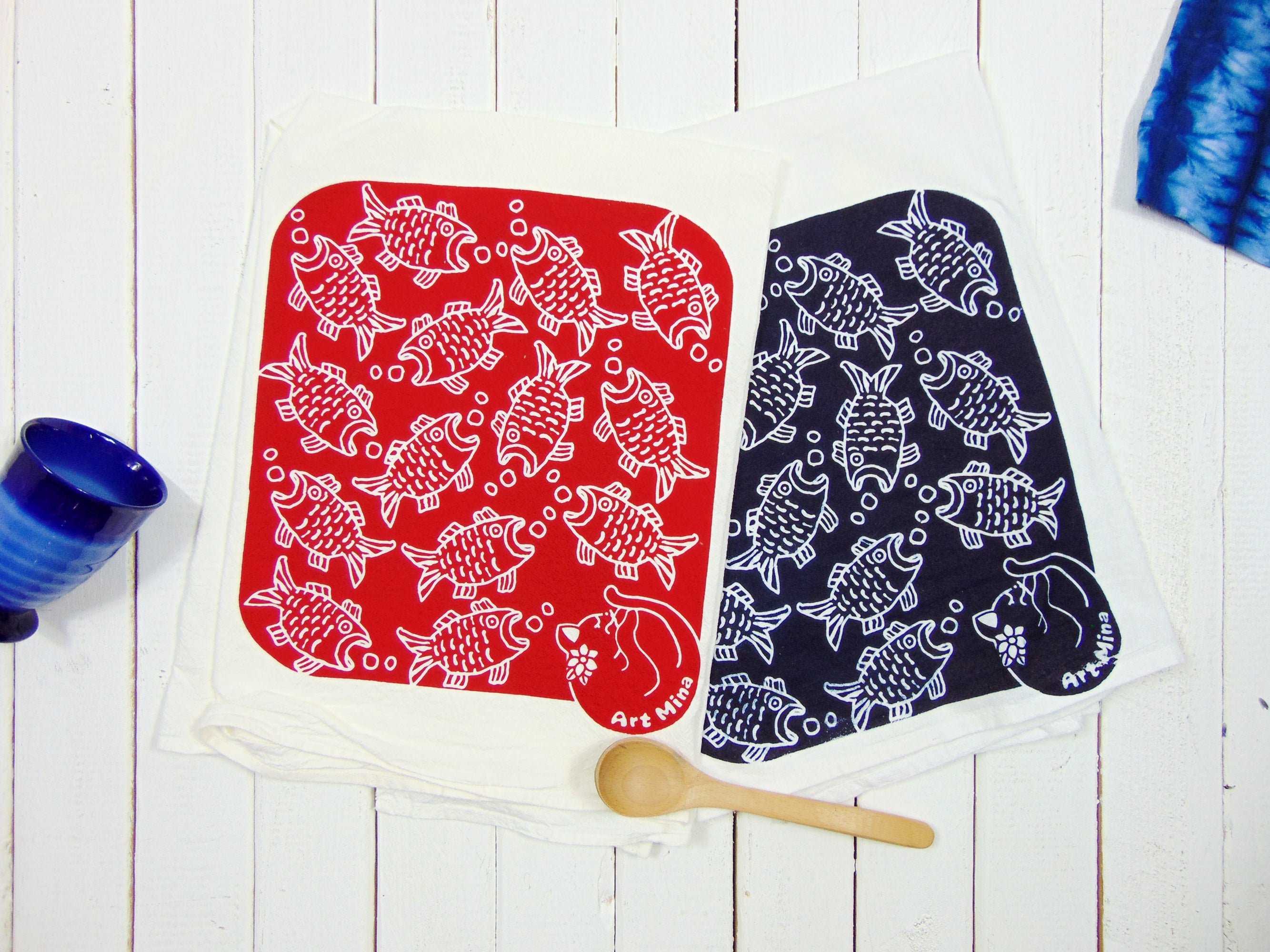 Japanese Style Cat & Fish Flour Sack Dish Towel