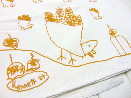 Flour Sack Kitchen Tea Towel "Kids Drawing Thanksgiving Turkey"